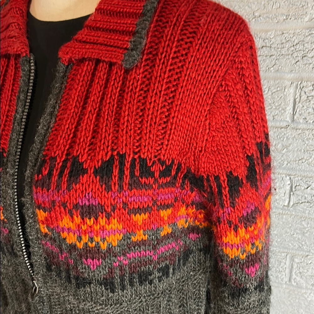 Fair Isle Wool Blend Chunky Knit Zippered Sweater/Cardigan